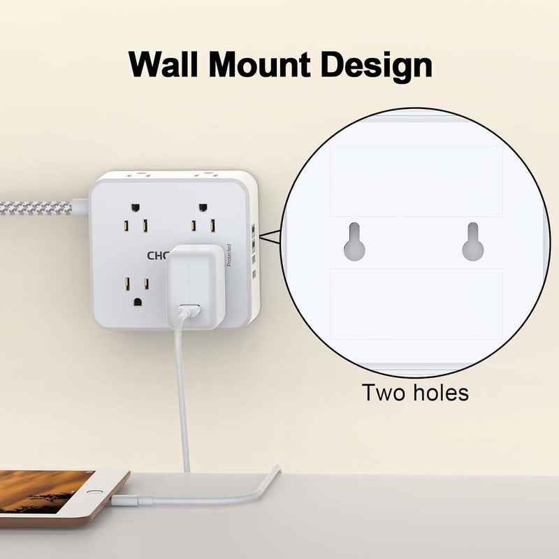 Core Surge Protector Power Strip - 10 Ft Braided Extension Cord with 8 Outlets with 4 USB (2 USB C) Charging Ports, Flat Plug Multi Plug Outlet Extender Charging Station for Home Office, ETL, White - Image 5